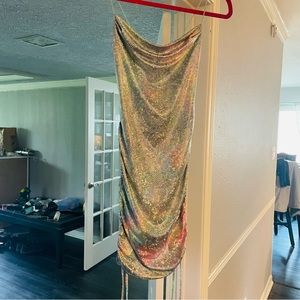 Fashion Nova, pastel colored and holographic, tie on the sides, ruched dress